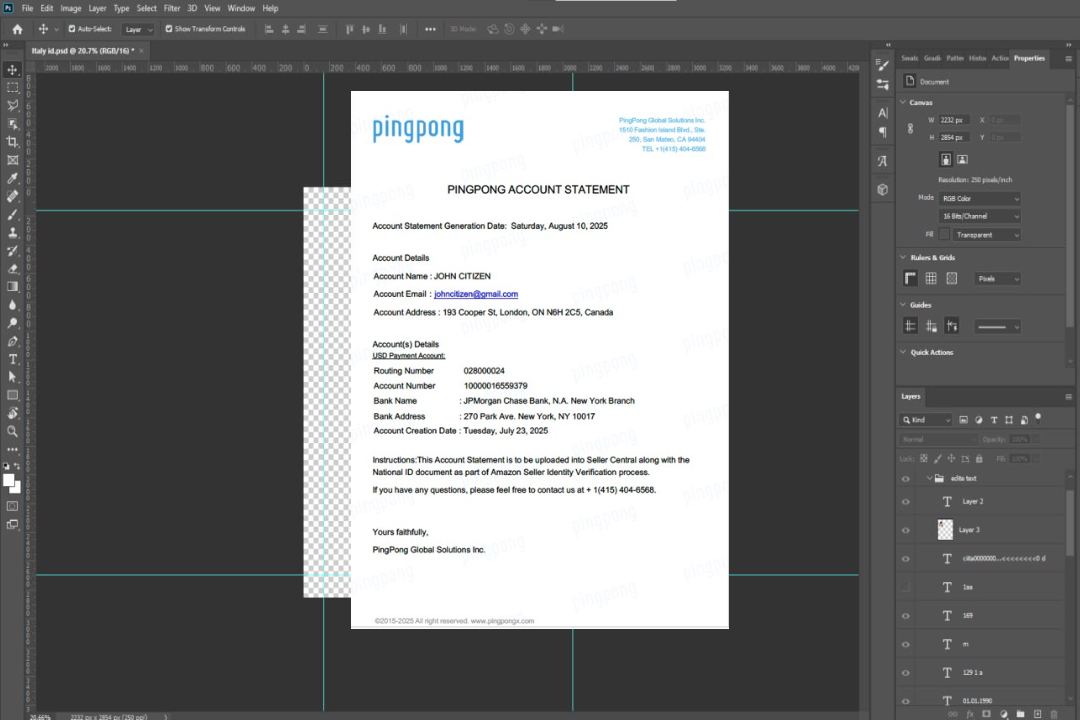 USA California PingPong Global Solutions Inc relevé de compte Modèle Word et PDF template